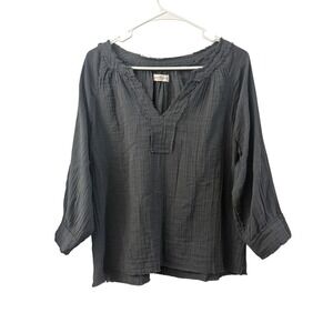 Natural Life Womens Medium Gray Cotton Gauze Boho V-Neck Frayed Hem Blouse Top